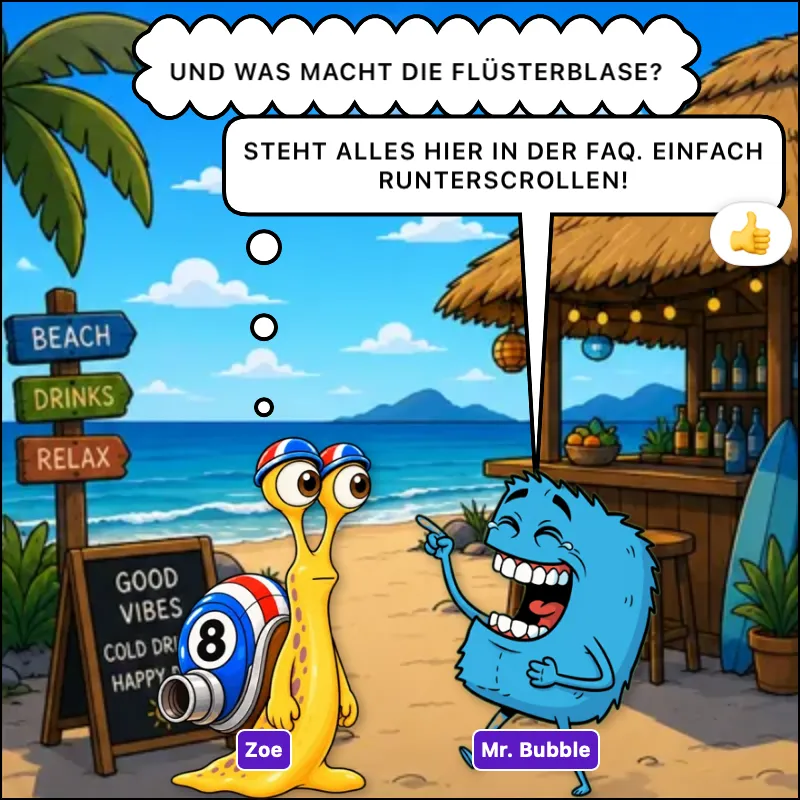 Comic-Panel aus SeeBubble: Zoe denkt an die Flüsterblase; Mr. Bubble lacht und verweist auf die FAQ