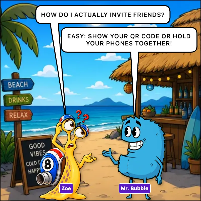 Viñeta de SeeBubble: Zoe pregunta cómo invitar a sus amigos; Mr. Bubble responde: enseña tu código QR o juntad los móviles