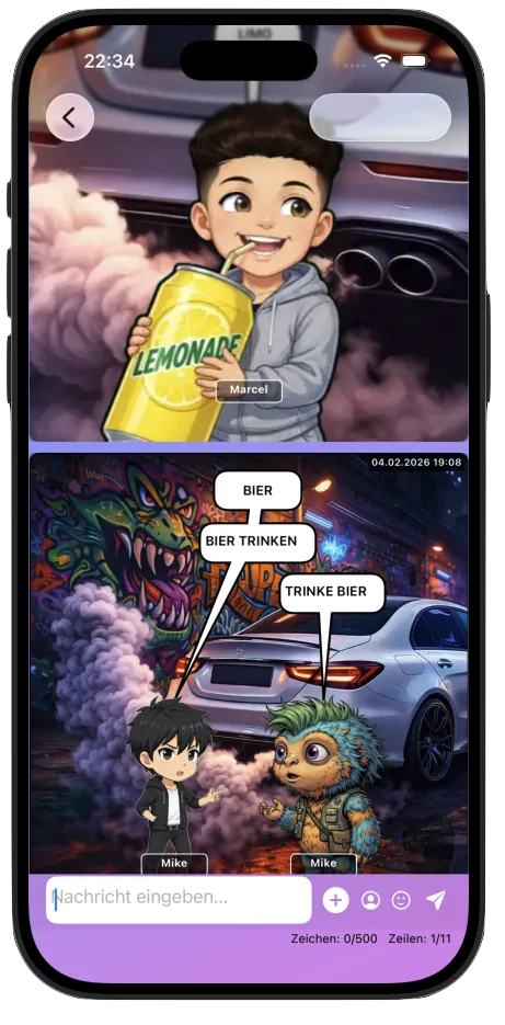Oberfläche des SeeBubble-Comic-Chat-Messengers auf iOS
