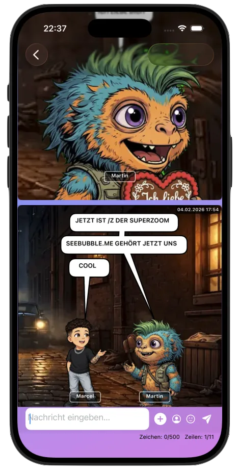 Scrollansicht der SeeBubble-Comic-Chat-Panels